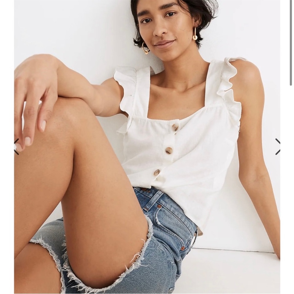 Madewell Linen-Blend Ruffle-Strap Button-Up Tank … - image 1